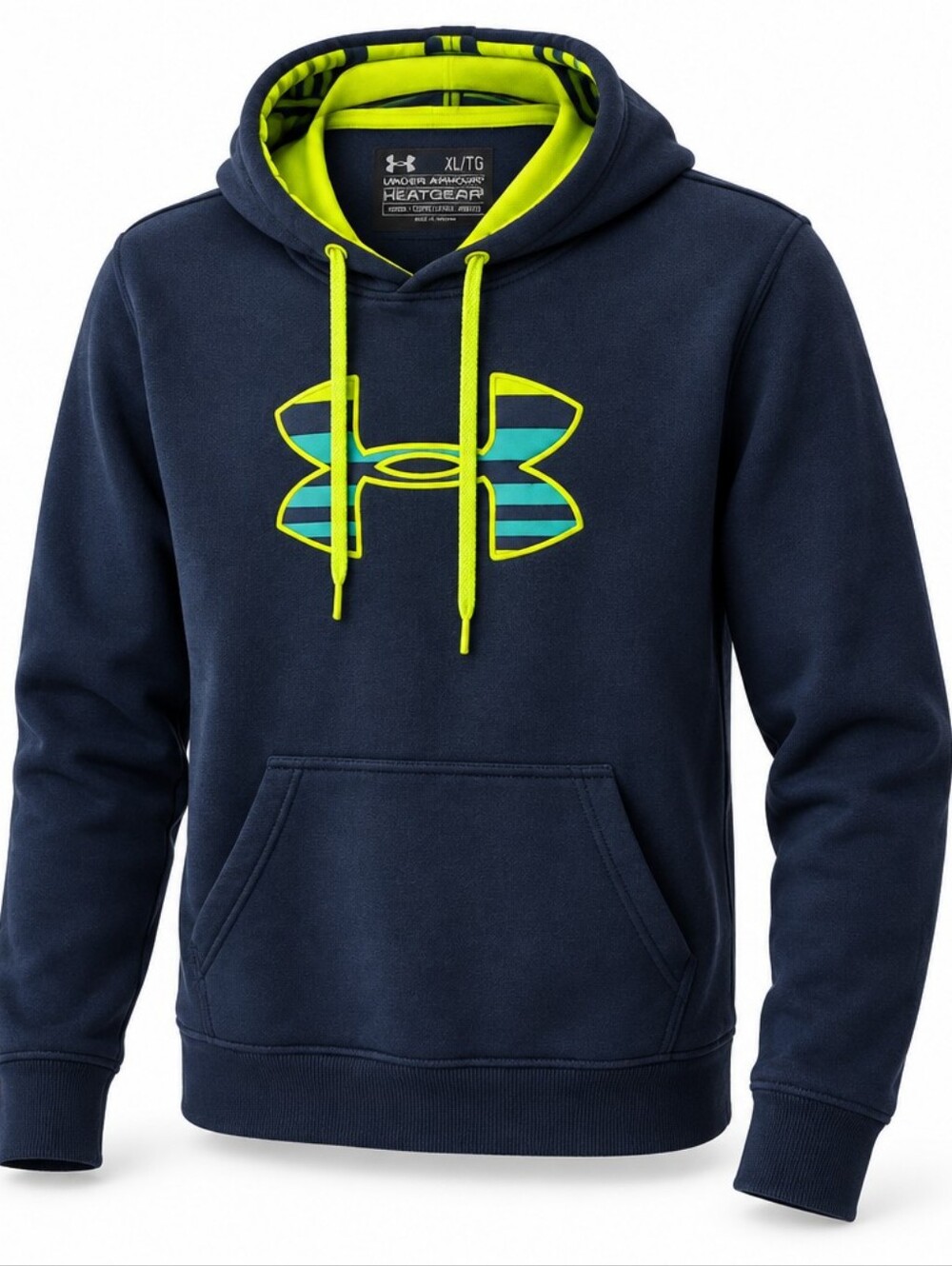 Under Armour Men’s Navy Storm Hoodie with Neon Yellow Accents. XL
